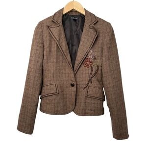 VNTG Y2K Wet Seal Brown Plaid Wool Tweed Blazer Womens Size S Fairy Mistical EUC